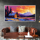Mountain Cabin, Snowy Retreat, Cozy Lodge, Vibrant Sunset, Nature Art, Rustic Home Aesthetic, Living Room or Bedroom, Canvas Print