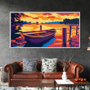 Wooden Boat, Serene Water Landscape, Calm Lake Scene, Vibrant Sunset Art, Framed Canvas Print, Living Room Wall Decor, Rustic Home Style