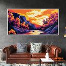 Autumn Stream, Colorful Landscape, Sunset Sky, Warm Tones, Nature Wall Art, Cozy Cabin Decor, Fall Season, Framed Canvas Print