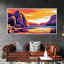 Rocky Shore, Ocean Sunset, Coastal View, Vibrant Painting, Bold Colors, Seascape Art, Beach House, Framed Canvas Print