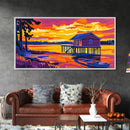 Cabin on Water, Peaceful Lakeside Art, Vibrant Sunset Reflection, Cozy Retreat Decor, Framed Canvas Print, Bedroom Artwork, Home Ambiance