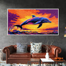 Dolphin Jumping, Ocean Wildlife Art, Vibrant Marine Scene, Playful Sea Life Painting, Framed Canvas Print, Beach House Decor, Nautical Art