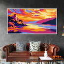 Castle Landscape, Sunset Reflection, Fantasy Art, Nature Wall Art, Framed Canvas Print, Office Decor, Majestic View, Mystical Artwork