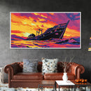Shipwreck Sunset, Seascape Nautical, Framed Canvas Print, Vibrant Ocean Wall Art, Beach House Art, Nautical Art, Living Room Wall Art