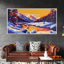 Snowy Mountains, River Sunset, Framed Canvas Print, Winter Landscape Art, Alpine Lodge Decor, Colorful Nature Art, Office Wall Art