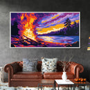 Bonfire Night, Lakefront Fire Scene, Autumn Evening Glow, Vibrant Outdoor Art, Framed Canvas Print, Man Cave Wall Decor, Cozy Home Design