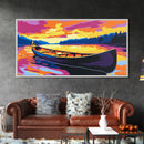 Canoe on Lake, Serene Water Reflection, Vibrant Sunset Art, Nature Scene, Framed Canvas Print, Living Room Decor, Cabin Wall Artwork