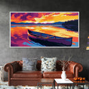 Canoe Sunset Lake, Reflection, Nature, Framed Canvas Print, Wall Art, Vibrant Landscape, Cabin Decor, Rustic Home, Outdoor Adventure