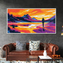 Cowboy, Western Art, Rustic Landscape, Sunset Wall Art, Framed Canvas Print, Living Room Decor, Boho Home, Mountain Painting