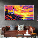Lighthouse, Coastal Sunset, Ocean View, Nautical Wall Art, Framed Canvas Print, Beach House Decor, Seaside Painting, Vibrant Art