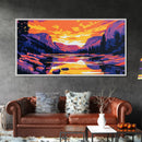 Mountain Reflection, Serene Lake, Warm Sunset, Framed Canvas Print, Bedroom Wall Art, Fall Colors, Nature Scene, Vibrant Home Decor
