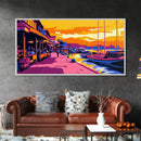Harbor Sunset Scene, Framed Canvas Print, Nautical Wall Art, Vibrant Coastal Painting, Seaside Aesthetic, Living Room Wall Decor