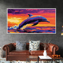 Jumping Dolphin at Sunset, Framed Canvas Print, Ocean Wall Art, Vibrant Marine Painting, Coastal Decor, Beach House Aesthetic