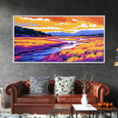 Golden Field River View, Canvas Print, Colorful Nature Art, Tranquil Landscape Painting, Boho Aesthetic, Living Room Wall Decor