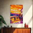 Sunset Village, Walkway, Framed Canvas Print, Mediterranean Street Art, Colorful Cityscape, Urban Wall Decor, Warm Tones