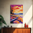 Autumn Beach, Sunset Painting, Vibrant Coastal, Driftwood Art, Framed Canvas Print, Fall Wall Art, Living Room Decor, Landscape Art