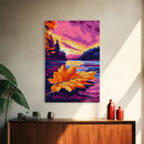 Floating Leaf, Autumn Lake Art, Seasonal Landscape, Warm Fall Colors, Canvas Print, Cozy Home Decor, Thanksgiving Wall Art
