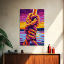Nautical Knot, Coastal Wall Art, Sunset Over Water, Rustic Rope Art, Framed Canvas Print, Lake House Decor, Nautical Home Accent