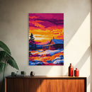 Sunset Cabin, Cozy Retreat, Rustic Nature, Framed Canvas Print, Winter Wall Art, Log Cabin Scene, Sunset Painting, Warm Color Decor