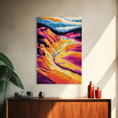 River Valley, Scenic Landscape, Mountain View, Framed Canvas Print, Nature Wall Art, Rustic Home Decor, Colorful Sunset Painting