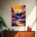 Waterfall Serenity, Vibrant Landscape, Sunset Glow, Nature Wall Art, Framed Canvas Print, Living Room Decor, Bold Colors