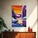 Frozen Falls, Winter Wonderland, Icy Landscape, Bold Color Contrast, Framed Canvas Print, Seasonal Art, Cozy Winter Decor