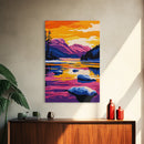 Rocky River, Majestic Mountains, Sunset Reflections, Vibrant Colors, Framed Canvas Print, Living Room Wall Art, Bold Landscape