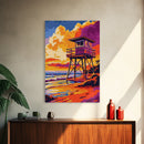 Lifeguard Tower, Beach Sunset, Coastal Summer Art, Vibrant Seascape, Framed Canvas Print, Ocean Lover Decor, Nautical Wall Art