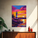 Lighthouse, Sunset, Coastal, Seascape, Framed Canvas Print, Nautical Decor, Beach House Wall Art, Vibrant Ocean Painting, Living Room Art