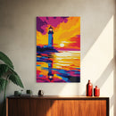 Lighthouse, Reflection, Ocean, Sunset, Framed Canvas Print, Nautical Decor, Beach House Wall Art, Coastal Scene, Bright Wall Art