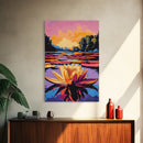 Water Lily, Sunset, Pond, Nature, Framed Canvas Print, Botanical Wall Art, Floral Painting, Bedroom Art, Serene Watercolor Vibes