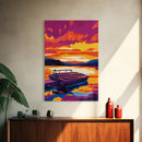 Dock, Lake, Boat, Sunset, Framed Canvas Print, Nautical Wall Art, Relaxing Lake House Decor, Living Room Art, Tranquil Scenic Painting