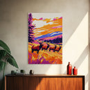 Elk Herd, Mountain Sunset, Wildlife Painting, Framed Canvas Print, Rustic Cabin Wall Art, Autumn Nature Decor, Bold Landscape Artwork