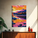 Mountain Lake, Sunset Sky, Nature Reflection, Framed Canvas Print, Cabin Decor, Bold Landscape Painting, Vibrant Scenic Artwork