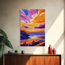 Sunset Over Cliffs, Vibrant Sky, Framed Canvas Print, Bold Landscape, Large Artwork, Living Room Art, Gift Idea, Colorful Painting