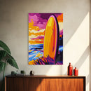 Surfboard Sunset, Vibrant Beach, Framed Canvas Print, Coastal Wall Art, Boho Decor, Large Artwork, Bedroom Art, Modern Painting, Gift Idea