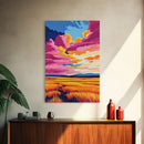 Golden Field, Sunset Sky, Framed Canvas Print, Warm Landscape Art, Country Home Decor, Colorful Painting, Cozy Aesthetic, Dining Room Art