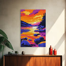 Sunset, Mountain Lake, Nature Landscape, Canvas Print, Vibrant Wall Art, Rustic Cabin Decor, Bedroom Art, Scenic Wilderness Painting