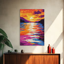 Water Reflection, Colorful Sunset, Lake View, Nature Art, Bold Tones, Serene Decor, Framed Canvas Print, Office, Living Room Art