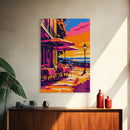 European Café, Outdoor Dining, Romantic Getaway, Seaside View, Framed Canvas Print, Travel Art, Parisian Decor, Kitchen Wall Art