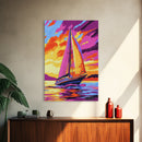 Sailboat at Sunset, Nautical Wall Art, Coastal Decor, Colorful Ocean Painting, Vibrant Seascape, Beach House Art, Framed Canvas Print