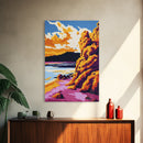 Cliffside Sunset Art, Coastal Landscape Print, Vibrant Nature Painting, Dramatic Sky Wall Art, Framed Canvas Print, Office Scenic Decor