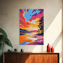 Lakeside Sunset Painting, Serene Nature Wall Art, Warm Color Palette, Scenic Landscape Print, Framed Canvas Print, Boho Bedroom Decor