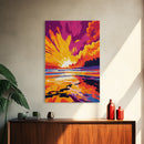 Fiery Ocean Sunset, Dramatic Sky Painting, Bold Color Landscape Art, Vibrant Beach Scene, Framed Canvas Print, Modern Living Room Decor