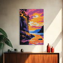 Cliffside Sunset, Mountain Lake, Nature Art, Dramatic Landscape, Canvas Print, Living Room Wall Art, Rustic Decor, Vibrant Colors