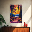 Forest Sunset Path, Tranquil Woodland Scene, Vibrant Landscape Art, Cozy Nature Wall Decor, Framed Canvas Print, Autumn Living Room Art