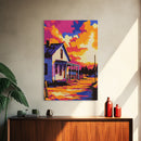 Country House, Farmhouse, Sunset, Glow, Framed Canvas Print, Rural Wall Art, Warm Home Decor, Rustic Landscape, Cozy Living Room