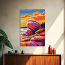 Rock Formations, Beach, Sunset, Vibrant, Framed Canvas Print, Coastal Nature Art, Ocean Landscape, Earthy Decor, Tranquil Wall Art