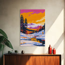 Winter Mountains, Snowy Scene, Holiday Aesthetic, Cozy Cabin Art, Framed Canvas Print, Christmas Wall Decor, Ski Lodge Art, Alpine View