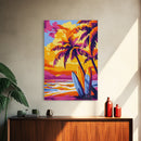 Surf Shack, Tropical Landscape, Sunset Beach, Framed Canvas Print, Boho Wall Art, Coastal Home Decor, Vibrant Surfing Aesthetic